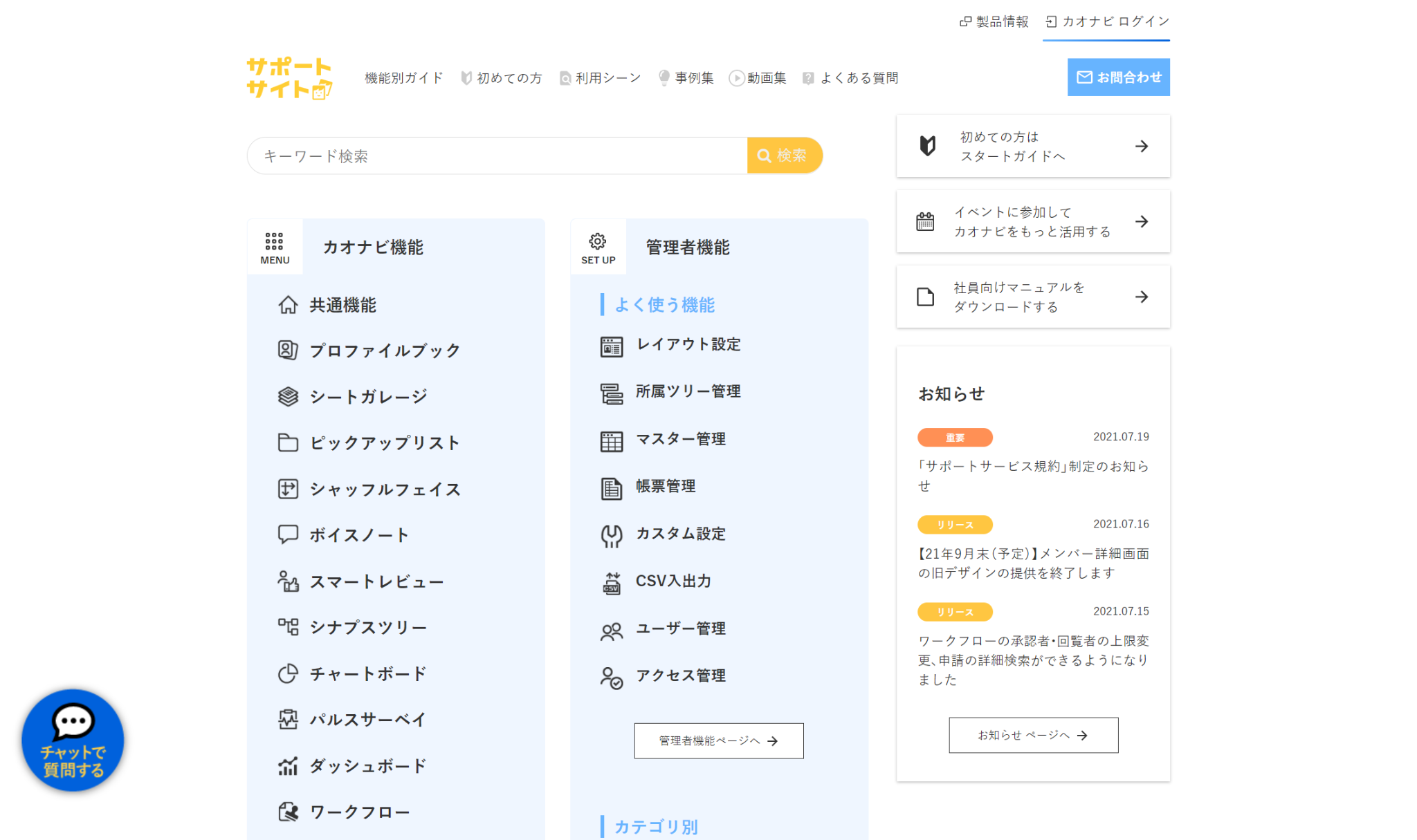 図：既存ユーザー向けのサポートサイト_カオナビ