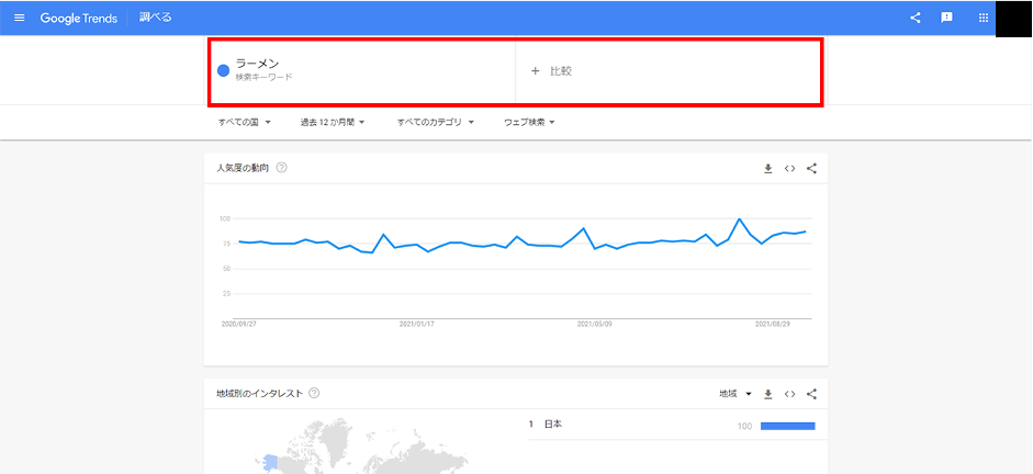 画像：別のキーワードと比較したい場合は、「＋比較」の部分にキーワードを追加しましょう