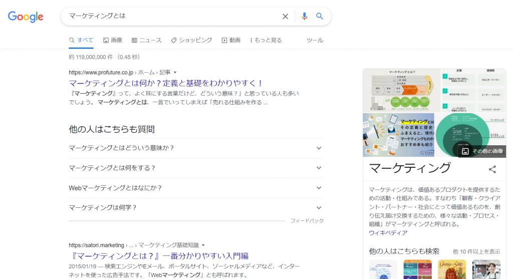 スクリーンショット：「マーケティングとは」で検索した結果_Google