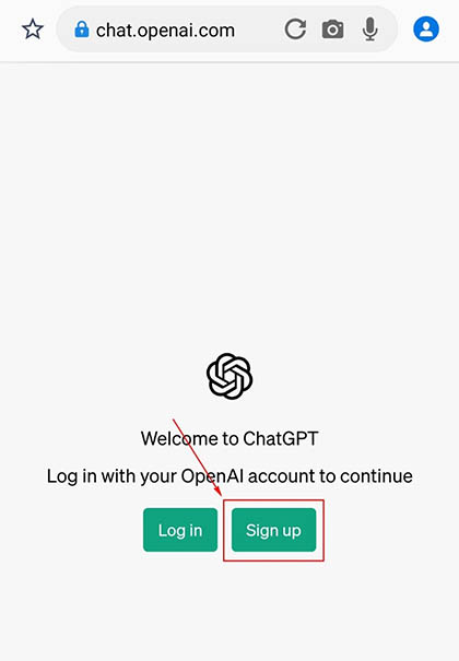 スクリーンショット：スマホ編(ブラウザ版)_ChatGPTの始め方と使い方_ChatGPTのページを開き「Sign up」をタップする