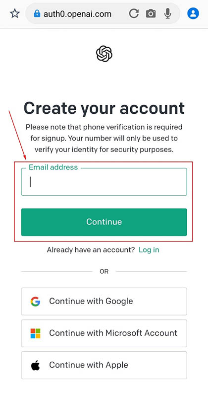 スクリーンショット：スマホ編(ブラウザ版)_ChatGPTの始め方と使い方_「Create your account」のページよりEメールアドレスを入力して「Continue」をタップする