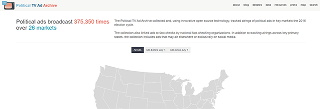 スクリーンショット：Political TV Ad Archiveのトップページ