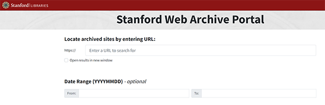スクリーンショット：Stanford Web Archive Portalのトップページ