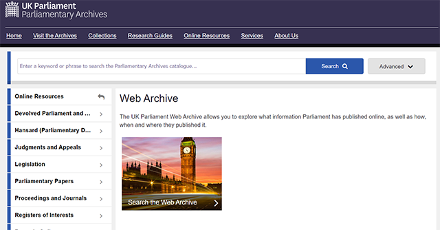スクリーンショット：UK Parliament Web Archiveのトップページ
