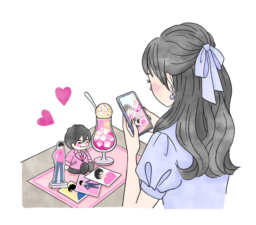 カフェで推しぬいの写真を撮る推し活をする女性のイラスト