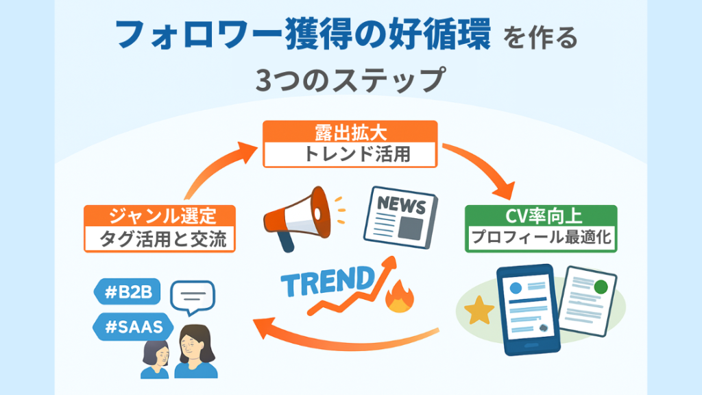 フォロワー獲得の好循環を作る3つのステップ図解