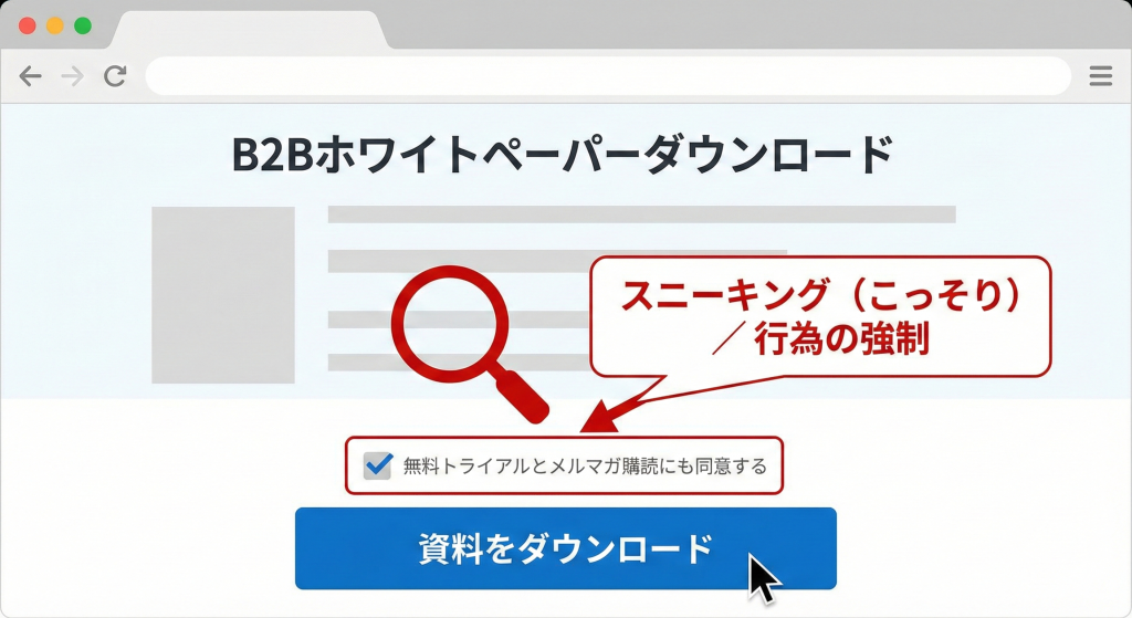 資料ダウンロードの際に、いつの間にか「無料トライアル」や「メルマガ購読」にチェックが入っている「スニーク」